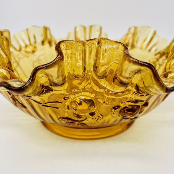 Vintage Fenton Cabbage Rose Amber Glass Candy Bowl 9” Diameter Mint Condition - Picture 3 of 6